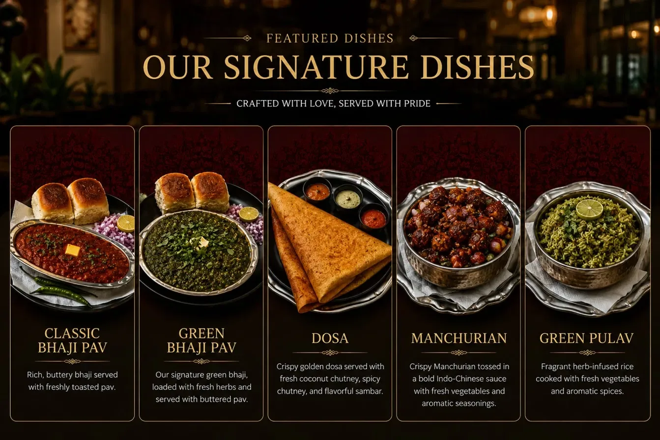 Signature dishes at Kaka Ni Bhaji Pav — classic bhaji pav, green bhaji pav, dosa, manchurian and green pulav